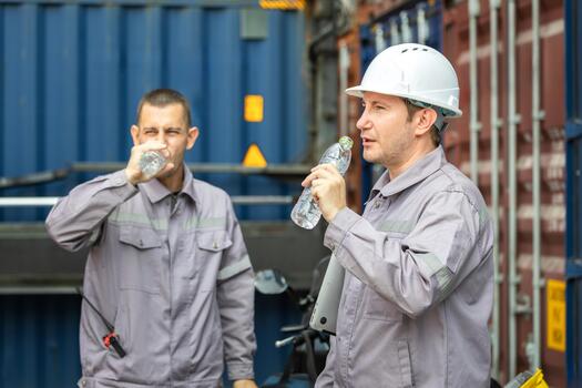 Industrial Workers Taking Hydration Break in Hot Container Yard, Foreman Drinking Water to Prevent Dehydration at Construction Site, Engineers Resting During Work Shift in Cargo Port Terminal photo