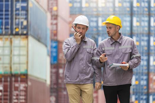 Logistics industrial workers communicating and inspecting cargo containers at port, Engineers discussing freight operations while using walkie talkie at shipping yard photo