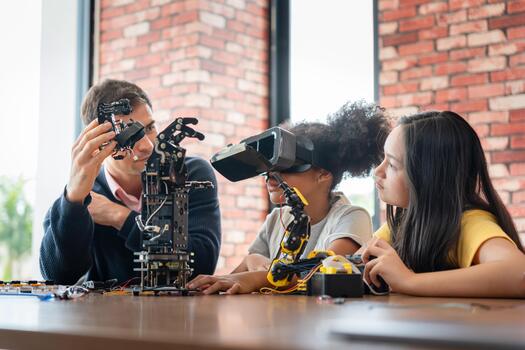 Mentor Guiding Students in Robotics and Virtual Reality VR Class, Man Showing Robotic Component to Girls with VR Headset, Children Learning Engineering and Programming with Adult Supervision photo