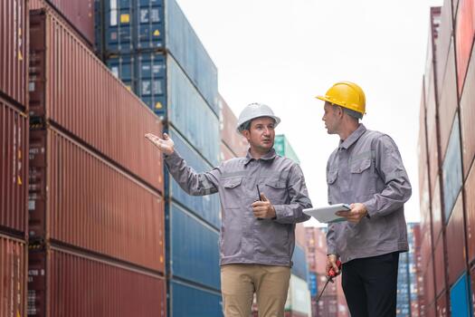 Engineers man team managing cargo operations, Foreman dock workers checking containers box at shipping yard photo