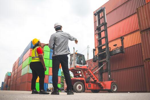 Back view of diverse professional logistics workers in hardhat inspecting cargo containers and port terminal yard with reach stacker machine,Global shipping, supply chain and import export business photo