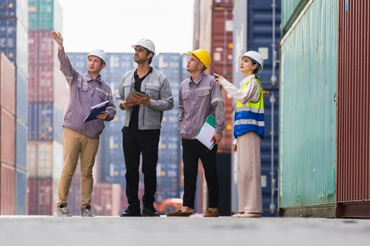 Diverse Team of Engineers Inspecting Shipping Containers and Planning Logistics at Port Terminal, Workers in Hard Hats Discussing Cargo Management and Inventory Check photo
