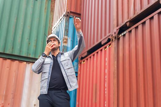 Foreman in Hard Hat Communicating on Walkie-Talkie in Container Shipping Yard, Port Worker Directing Operations, Engineer Giving Instructions via Two-Way Radio photo