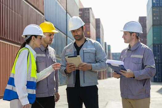 Engineers and dock workers reviewing logistics plan at cargo container yard, Team of industrial professionals discussing operations with digital tablet at port photo