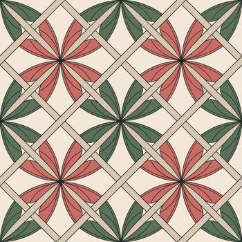 Morrice Lattice Floral Pattern with Red and Green Leaves on Cream Background vector