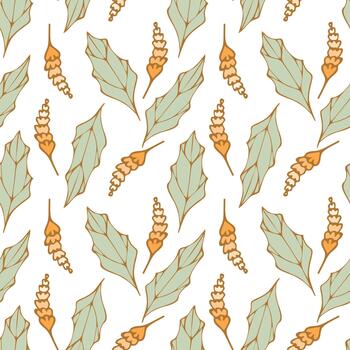 Spring botanical pattern with doodle twigs and flowers on white background. vector
