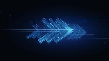 3d framställa abstrakt blå lysande pilar rör på sig rätt på mörk bakgrund. digital flöde, data överföra, trogen rörelse. teknologi, fart, framsteg bakgrund. idealisk för bakgrund. video