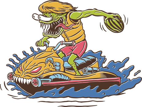 A retro monster character racing on a jet ski, creating dramatic water splashes with intense expression. vector