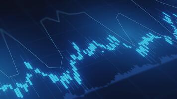 3d rendere dinamico blu azione mercato candeliere grafico, linea grafico su buio sfondo. finanziario dati analisi, commercio, investimento concetto. digitale tecnologia, attività commerciale sfondo. video