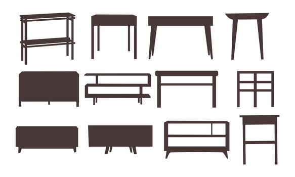 Hand drawn illustration isolate on white background for logo and web design .Collection of table silhouette templates. Editable illustration vector