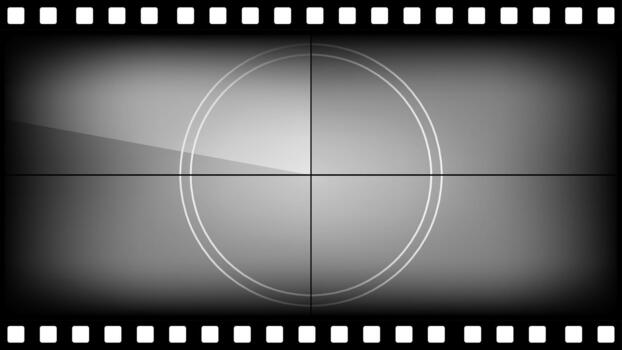 Old screen leader animation for or reel. 16x9 filmstrip countdown with grunge background and retro camera frames. Classic movie timer numbers for cinema intro or presentation design vector