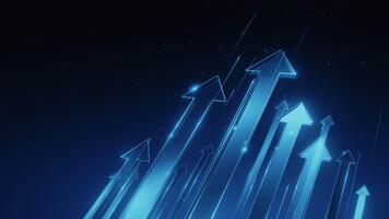 3d rendere raggiante blu frecce in movimento verso l'alto su buio sfondo. simboleggia attività commerciale crescita, successo, progresso, dati, tecnologia, futuro. astratto digitale sfondo, movimento grafico elemento. video