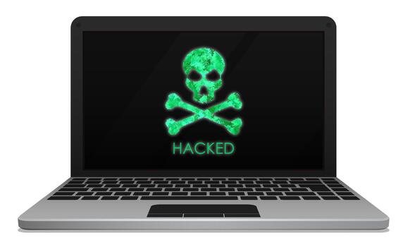 plata ordenador portátil pirateado por hacker con cráneo y tibias cruzadas en pantalla vector