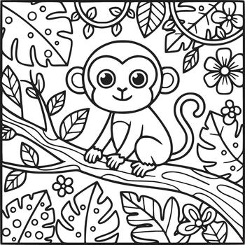 A coloring page with a monkey sitting on a tree branch vector
