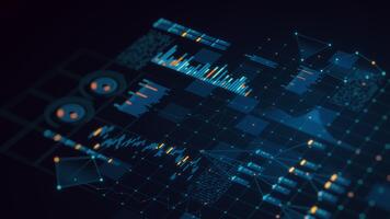 3d geven futuristische digitaal koppel weergeven bedrijf financiën gegevens analyse. gloeiend grafieken, grafieken, nummers, netwerk lijnen. ideaal tech achtergrond voor investering, zakelijk, groot gegevens concepten. video