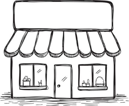 Handdrawn Simple Outline Storefront Building with Awning and Display Windows Illustration png