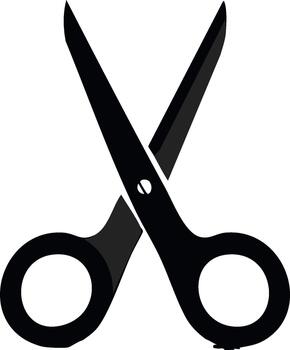 Black scissors icon, sharp blades open for cutting or trimming, graphic tool for design and crafting work, isolated element vector