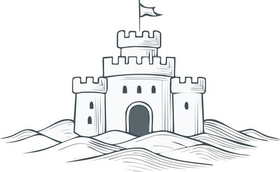Simple sandcastle with a waving flag sketched with hatch lines showing castle details on the beach vector