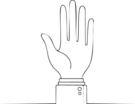 Outstretched hand in a gesture of halt or stop, simple line art with suit sleeve and buttons, symbolizing a refusal or sign vector