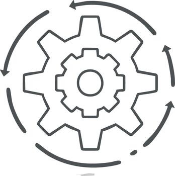 Rotating cogwheel outlines depict continuous process flow, innovation, and efficiency symbolizing technological progress in a minimalistic manner vector