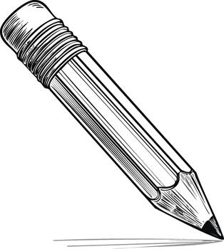 Stylized pencil drawing illustration with eraser writing on paper, black ink rendering and shading for detailed graphics vector