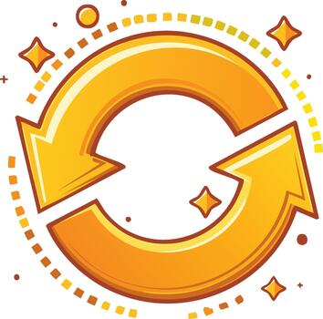 Golden circular arrow refresh icon showing loop direction and restart process with glitter effects vector