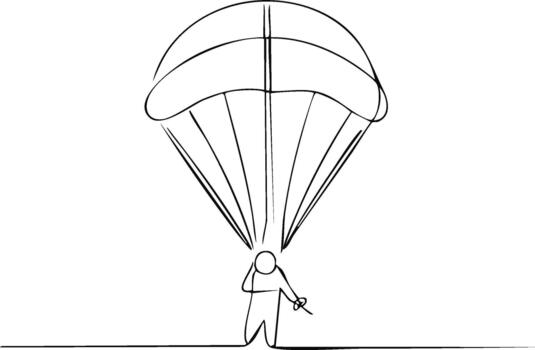 Minimalist Line Art of a Skydiver Gliding with a Parachute in Flight, Simple Outline Illustration vector