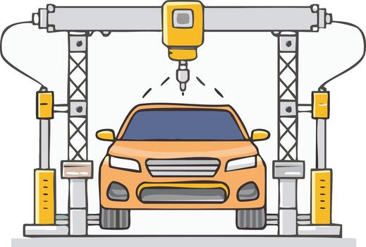 Robotic Arm Manufacturing Vehicle Automated Assembly Line Production with Car vector