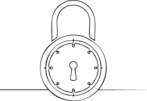 Continuous line drawing of a padlock with a clock face illustrating time security and protection of digital assets and confidential information vector