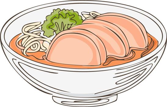 Sketch of Chicken Noodle Soup in a Bowl with Slices of Chicken vector
