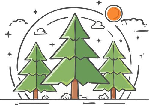 Stylized Forest Scene with Coniferous Trees, Sun, and Clouds in a Flat Design vector