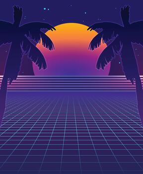 Synthwave Background with Neon Glowing Grid, Futuristic Backdrop in Retro Style with Palm Trees and Full Moon. Club Party vector
