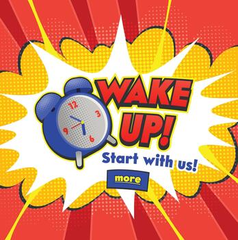 Background with Comic Alarm Clock Ringing and Expression Speech Bubble with Wake Up Text. Bright Dynamic vector