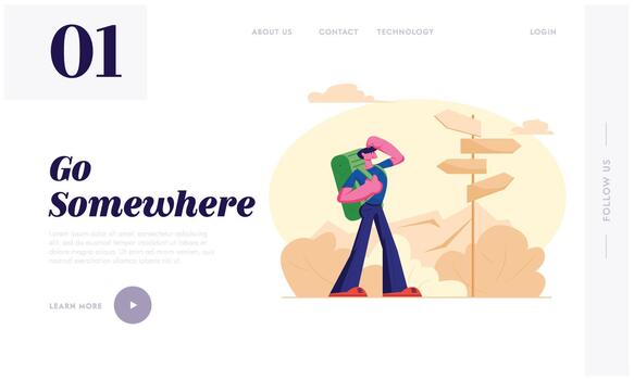 hombre mochilero estar cerca la carretera puntero decidiendo qué camino a elegir, disfrutando naturaleza vista, viajero senderismo, turista caminando vector