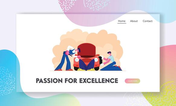 mecánica cerca roto coche con abierto capucha participación instrumento sitio web aterrizaje página, hombre acostado debajo auto, comprobación vector