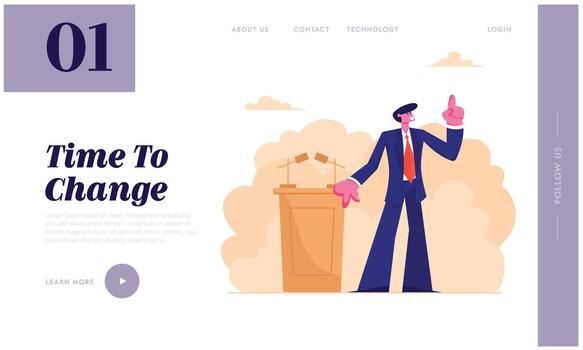 Man in Suit Standing Side of Tribune with Microphones Speaking with Index Finger Pointing Up. Election, Candidate Speech vector