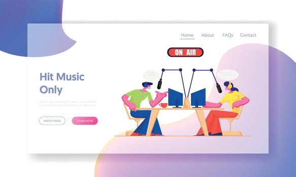 People and Radio Website Landing Page . Radio Dj Characters in Headset Speak to Microphones, Broadcasting Program on Air vector