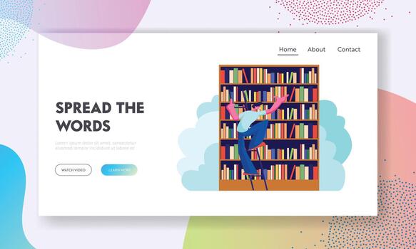 Man in Library Searching Books on Shelf Standing on Ladder. Student Prepare for Exam, Bookworm, Archivist in Literature Storage vector