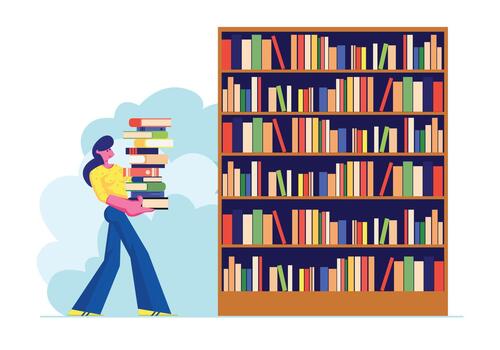 Woman Carry Big Heap of Book to Bookshelf in Public or Home Library Student Spend Time in Athenaeum or Archive Room with Bookcase vector