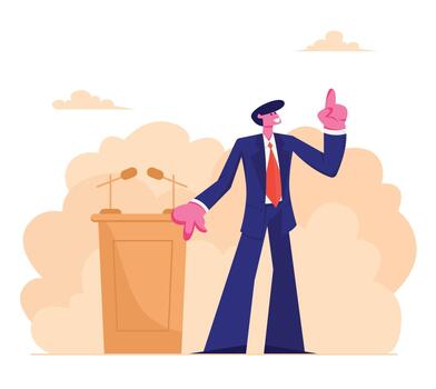 Man in Suit Standing Side of Tribune with Microphones Speaking with Index Finger Pointing Up. Presidential Election, Candidate vector