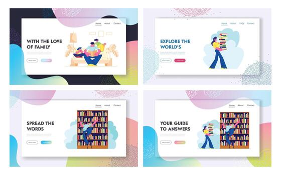People in Library Landing Page Set, Characters Reading and Searching Books. Education, Knowledges, Information Research vector