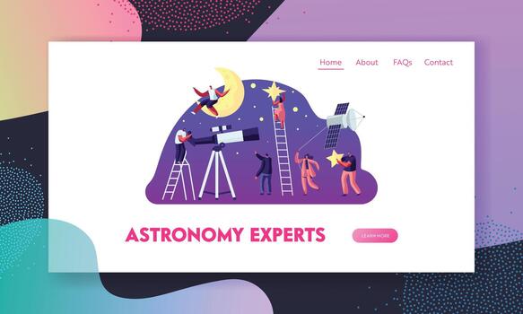 astronomía Ciencias sitio web aterrizaje página, personas acecho en Luna y estrellas a telescopio, estudiando espacio, cosmos exploración vector