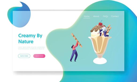 Tiny Characters Decorating Huge Ice Cream in Cup with Cookies and Berries Website Landing Page, Summer Time Food, Delicious vector