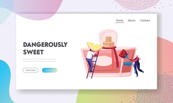 minúsculo perfumista caracteres poner ingredientes para creando nuevo perfume Rosa flor y limón rebanada a vaso matraz. fragancia, aroma vector