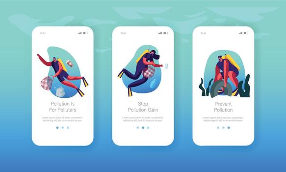 Divers Collecting Trash into Basket Underwater Mobile App Page Onboard Screen Set. Plastic Sea Pollution, Garbage, Ecology vector