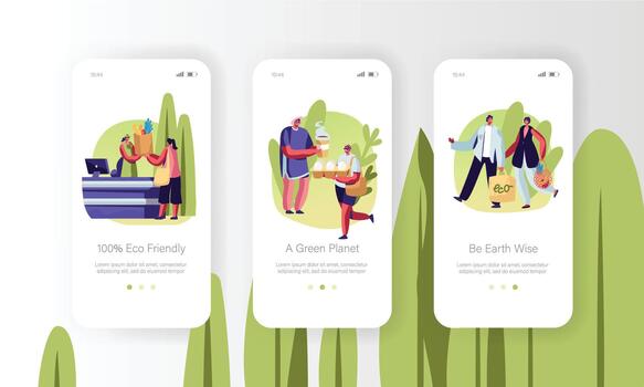 Eco Packing Mobile App Page Onboard Screen Set Concept for Website or Web Page, People Stand in Queue with Reusable Packaging vector