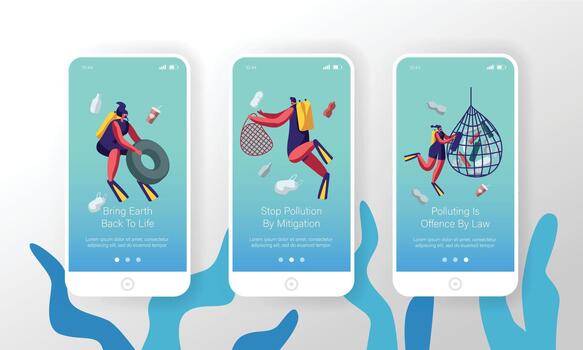 Plastic Pollution of Sea with Different Kinds of Garbage Mobile App Page Onboard Screen Set Scuba Divers Collect Trash into Basket vector