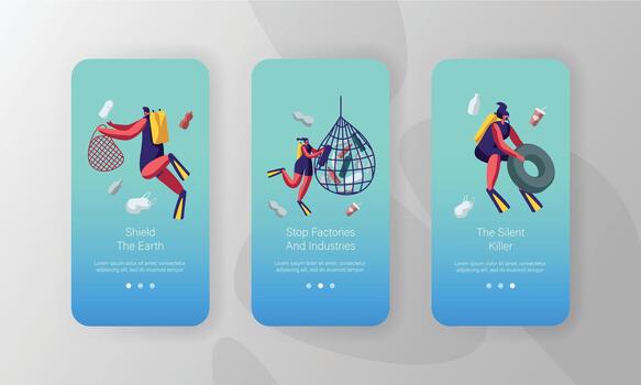 Wastes Floating in Ocean Water. Ecology Protection Mobile App Page Onboard Screen Set Divers Collecting Trash into Basket vector