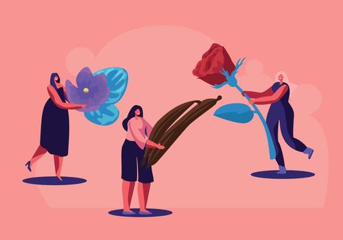 minúsculo perfumista caracteres participación ingredientes para creando nuevo perfume composición rosa, Violeta flores y vainilla palos vector