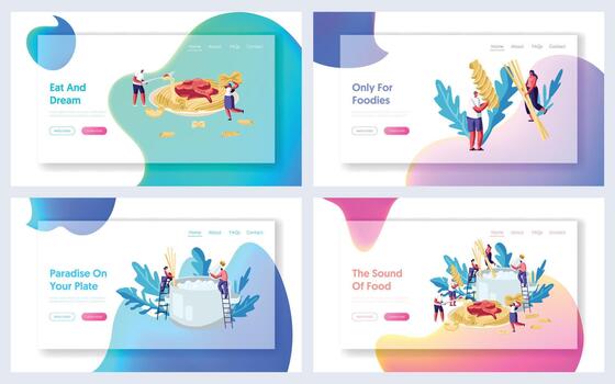 pasta Cocinando sitio web aterrizaje página colocar, caracteres poner espaguetis y seco macarrones de varios tipos a enorme pan con hirviendo agua vector